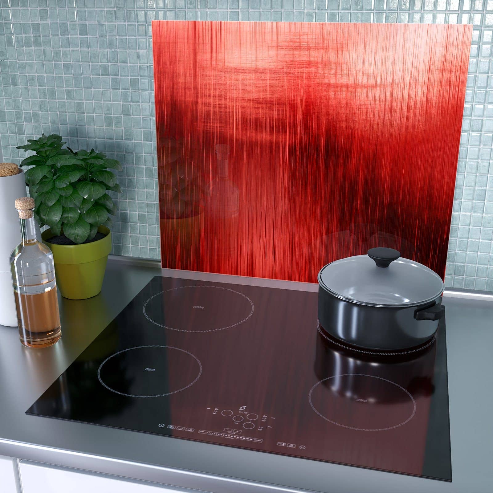 1-teilige Ceranfeld Abdeckungen mit Rote Textur-Motiv als Spritzschutz hinter dem Kochfeld