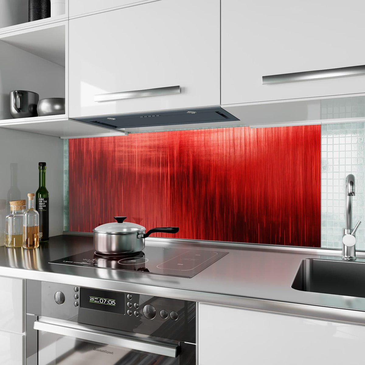 Küchenrückwand aus Glas Vertikale Linien in Rot im Hochformat als Spritzschutz hinter dem Kochfeld, über dem Fliesenspiegel montiert