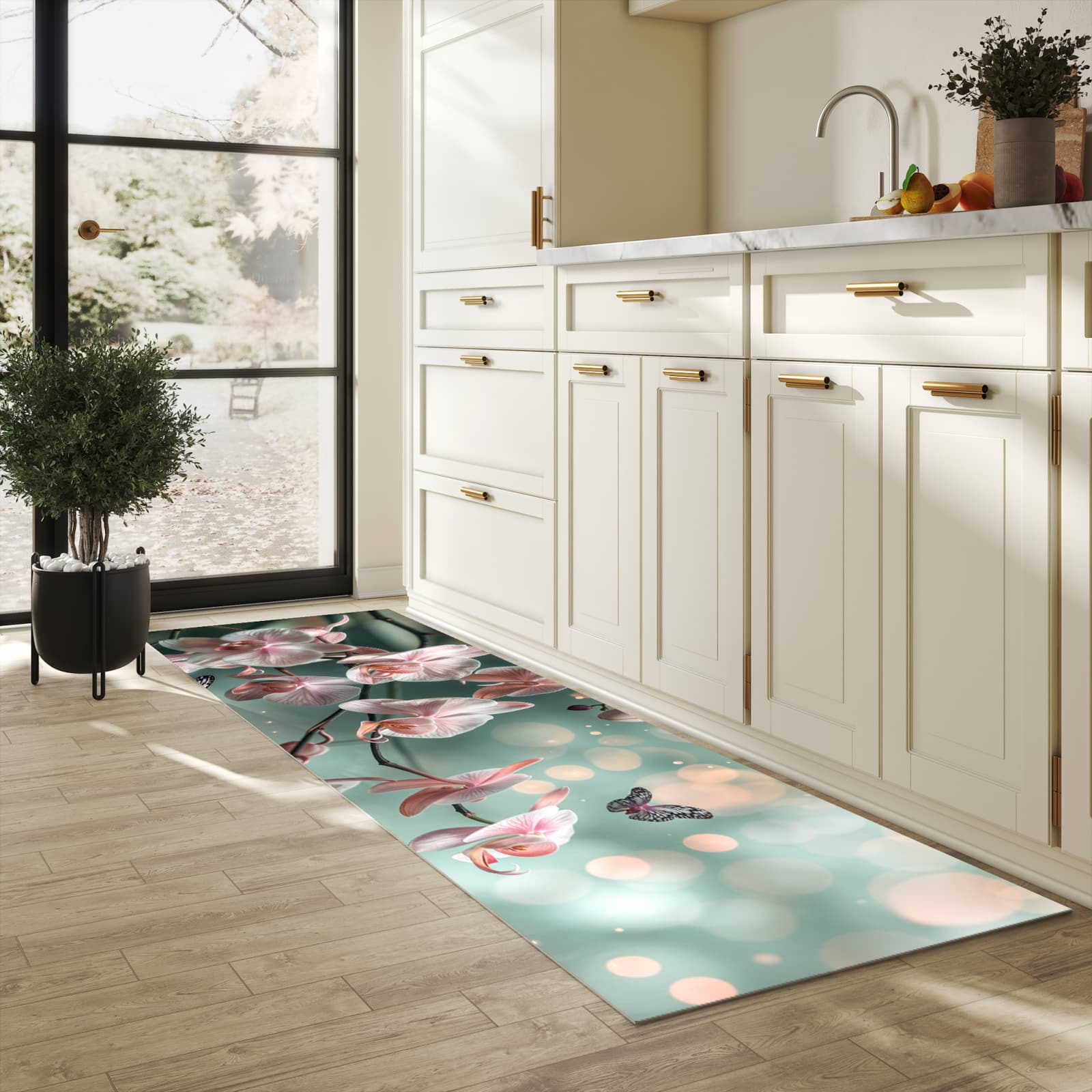 Strapazierfähiger Küchenteppich mit Motiv Orchideen Schmetterling in heller Küche