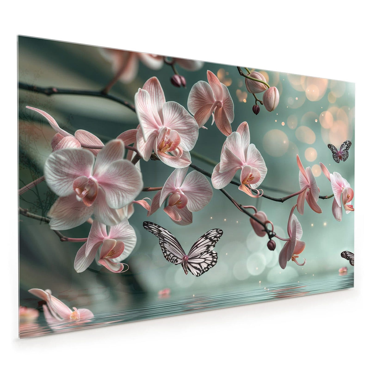 Küchenrückwand aus Glas im Hochformat: Rosa Orchideenzweige über einer spiegelnden Wasserfläche, dazu ein gezeichneter Schmetterling.