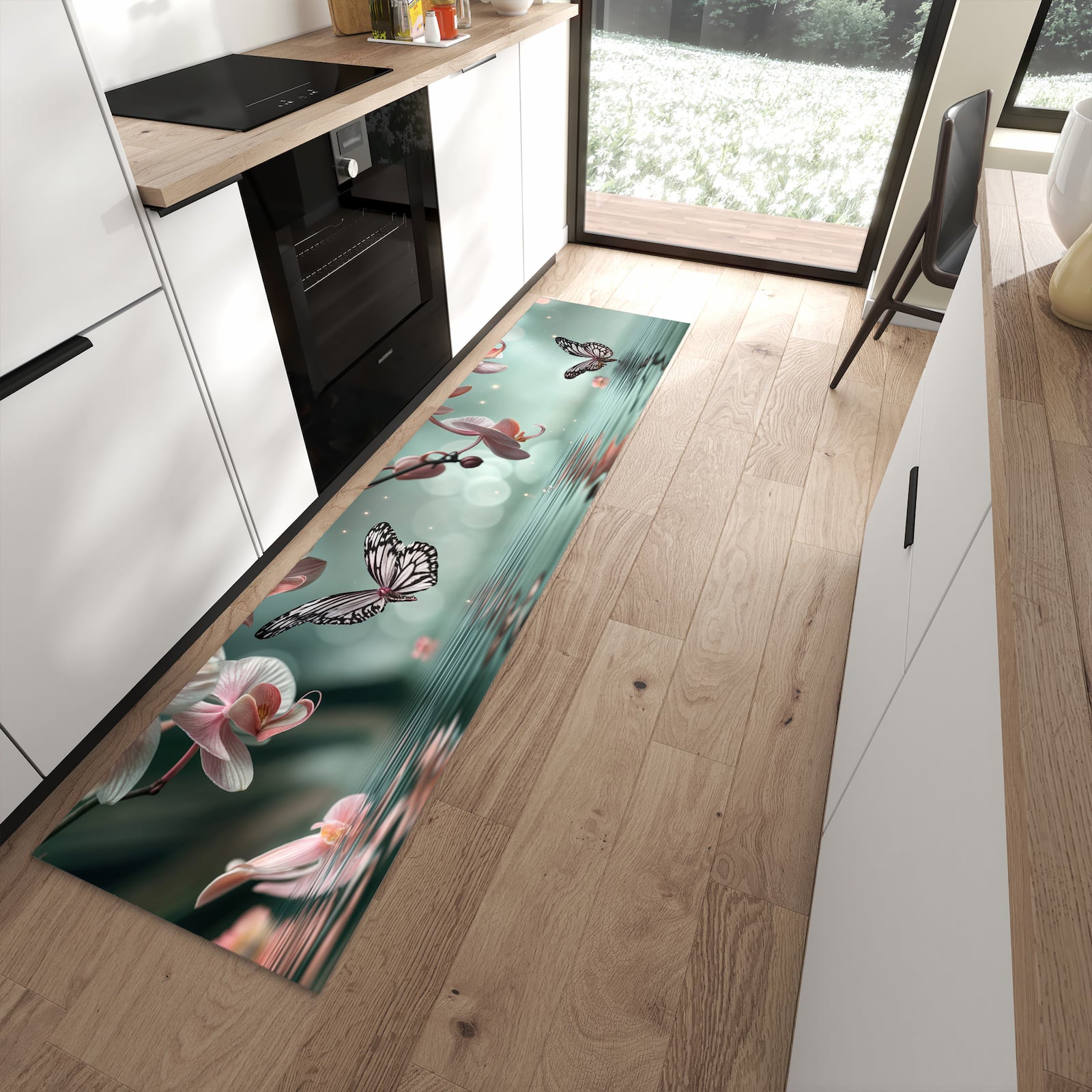 Feuchtigkeitsresistenter Küchenläufer mit Motiv Orchideen Schmetterling in moderner Küche