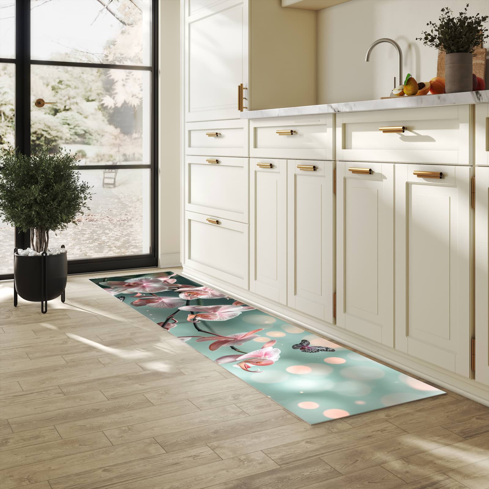 Komfortabler abwaschbarer Küchenteppich mit Motiv Orchideen Schmetterling in heller Küche