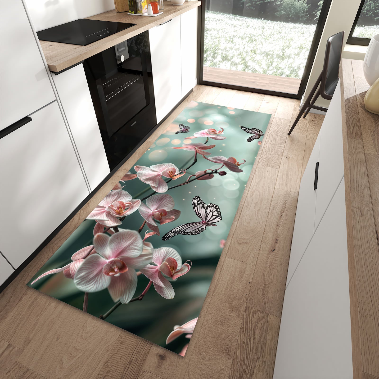 Abriebfester moderner Küchenläufer mit Motiv Orchideen Schmetterling in moderner Küche