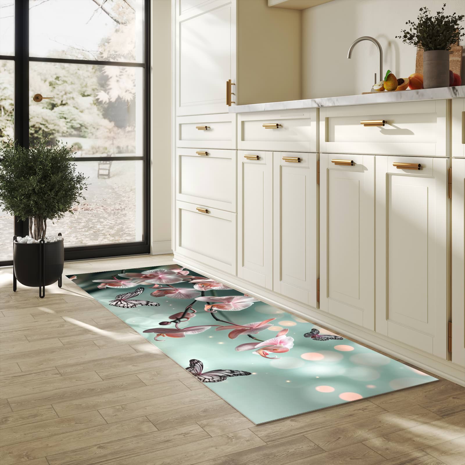 Hygienischer Küchenteppich mit Motiv Orchideen Schmetterling in heller Küche