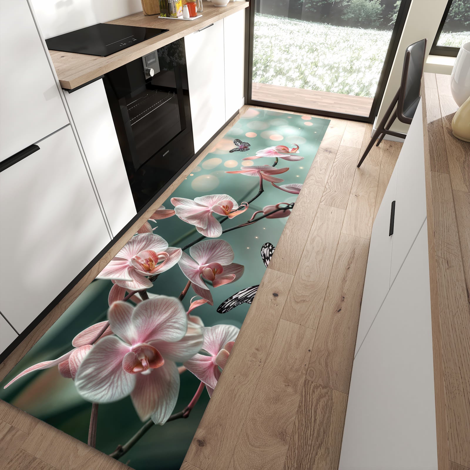 Zeitsparender Küchenläufer nach Maß mit Motiv Orchideen Schmetterling in moderner Küche