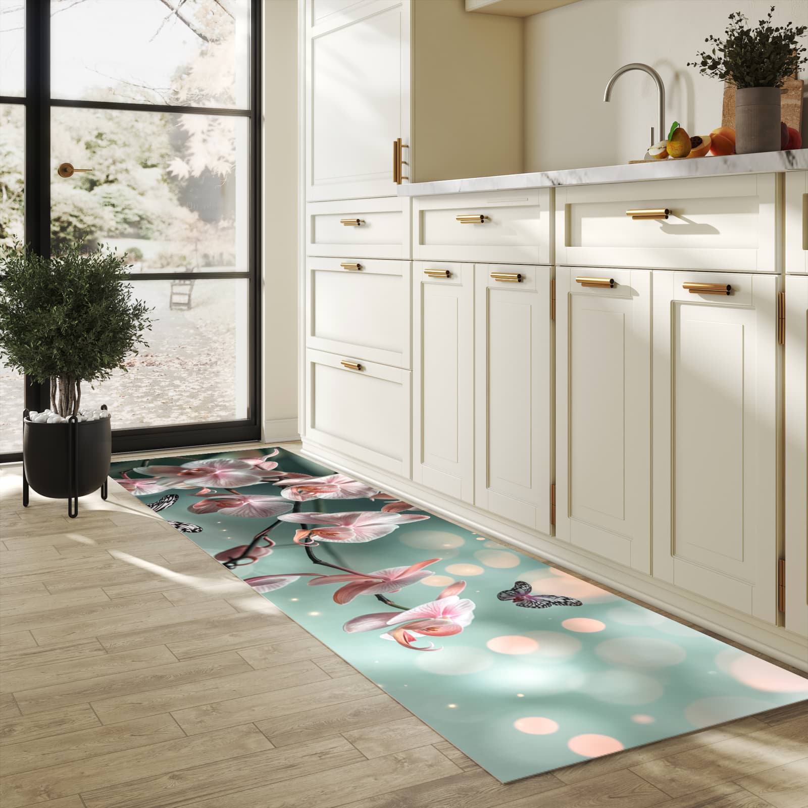 Waschbarer Küchenteppich mit Motiv Orchideen Schmetterling in heller Küche