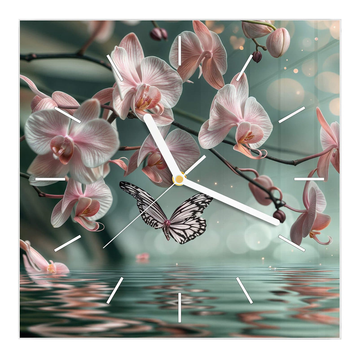 Wanduhr aus Glas, Ziffernblatt Linie: Rosa Orchideenzweige über einer spiegelnden Wasserfläche, dazu ein gezeichneter Schmetterling.