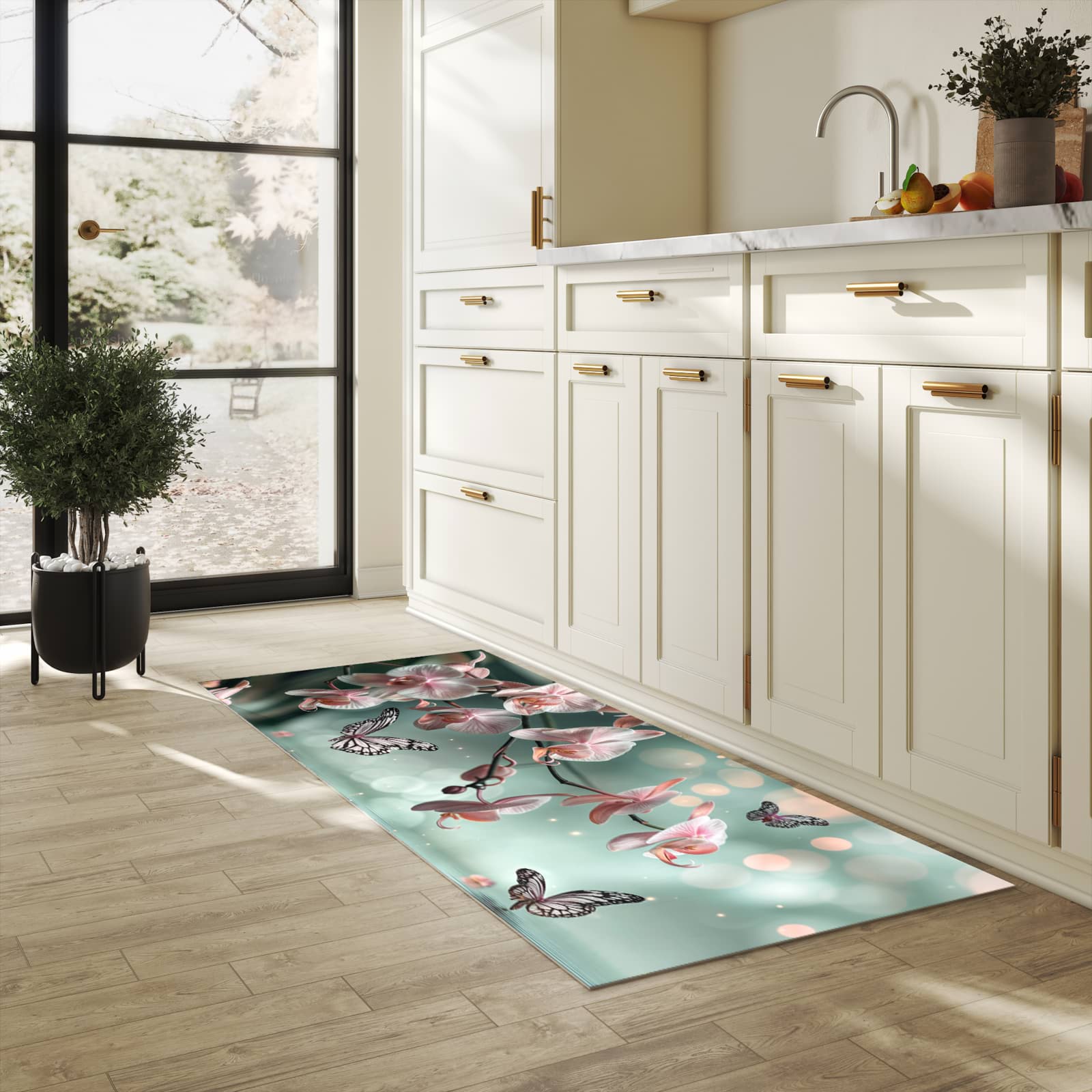 Küchenteppich mit Motiv Orchideen Schmetterling für angenehme Haptik in heller Küche