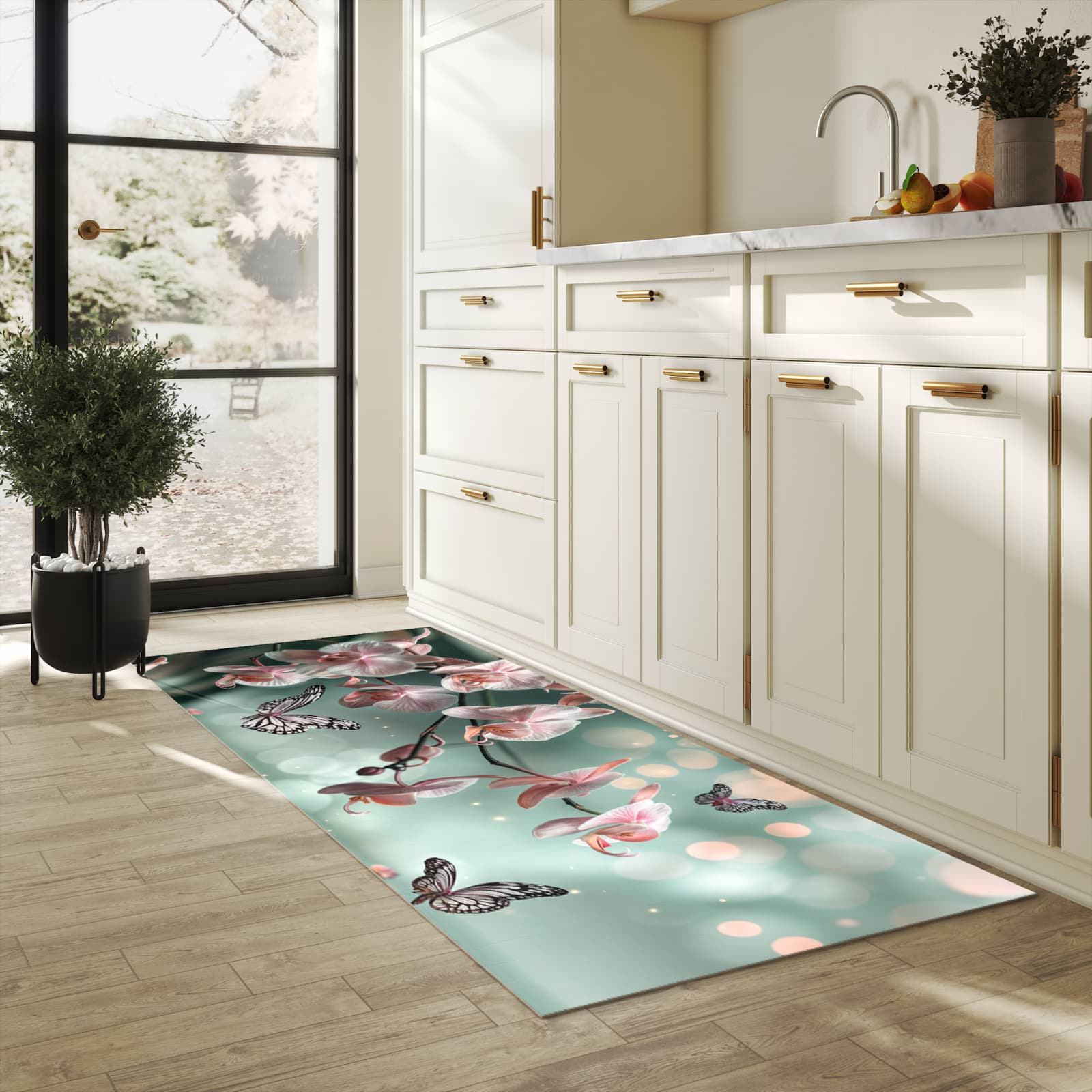 Rutschfester Küchenteppich mit Motiv Orchideen Schmetterling in heller Küche