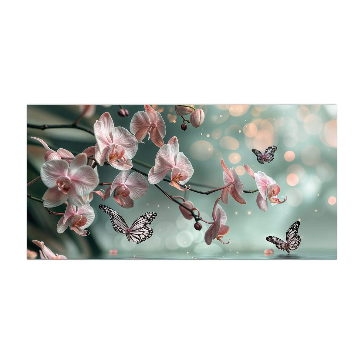 Küchenrückwand aus Glas Orchidee am Wasser im Hochformat, Motiv bildfüllend von vorn