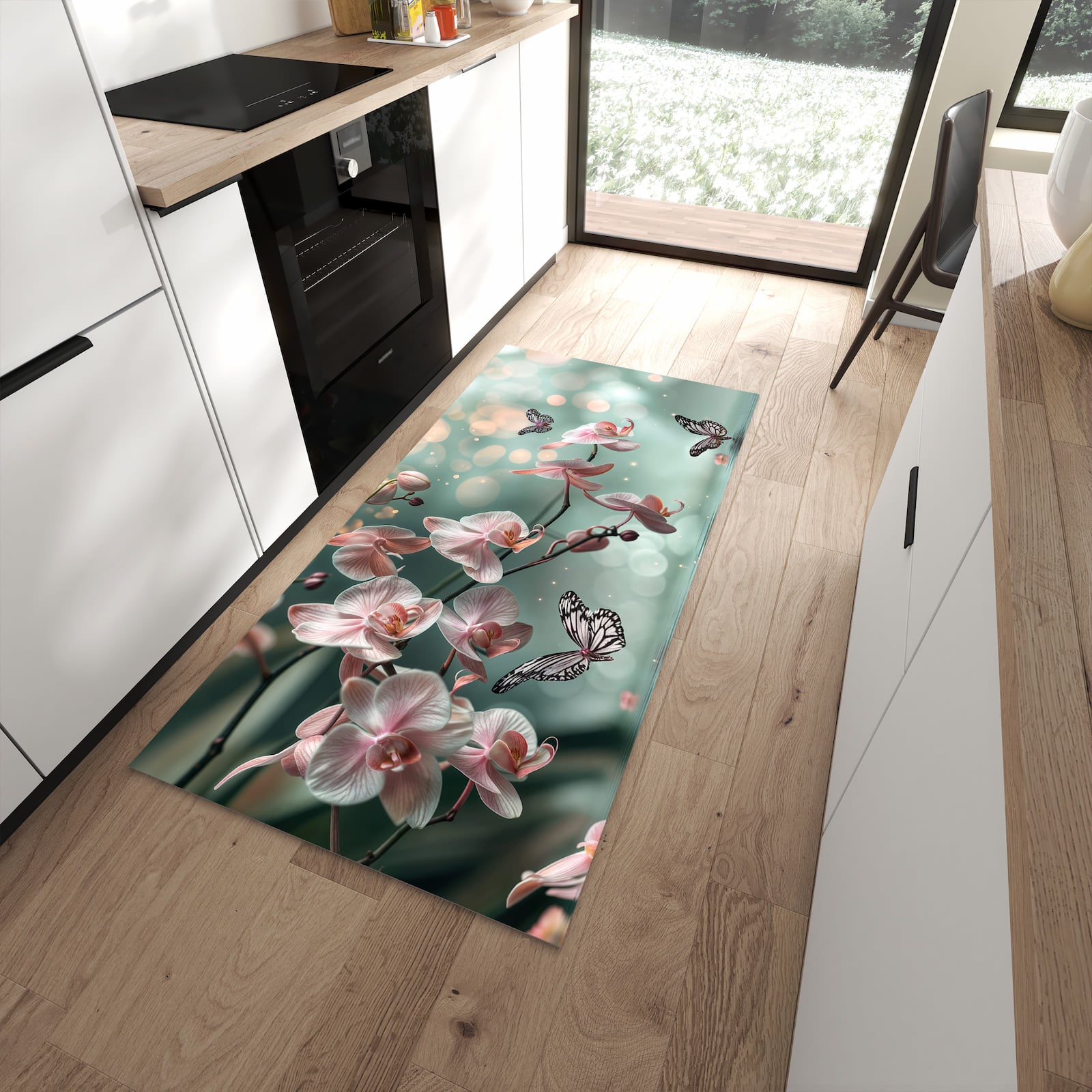 Geräuschdämpfender waschbarer Küchenläufer mit Motiv Orchideen Schmetterling in moderner Küche
