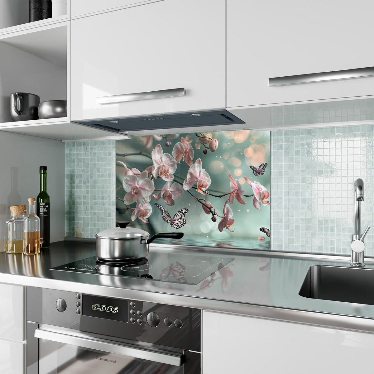 Küchenrückwand aus Glas Orchidee am Wasser im Hochformat als Spritzschutz hinter dem Kochfeld, über dem Fliesenspiegel montiert