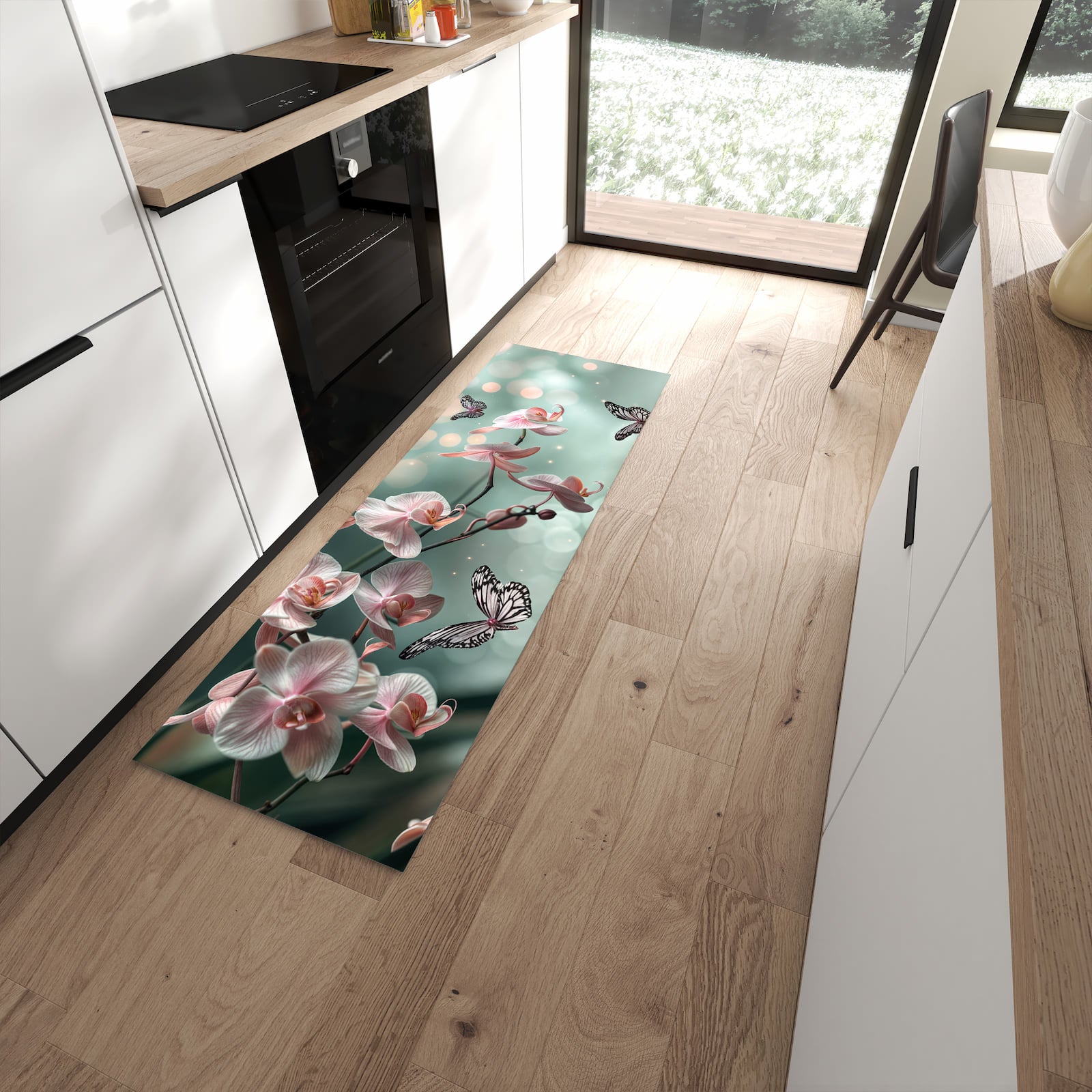 Rutschfester Küchenläufer mit Motiv Orchideen Schmetterling in moderner Küche