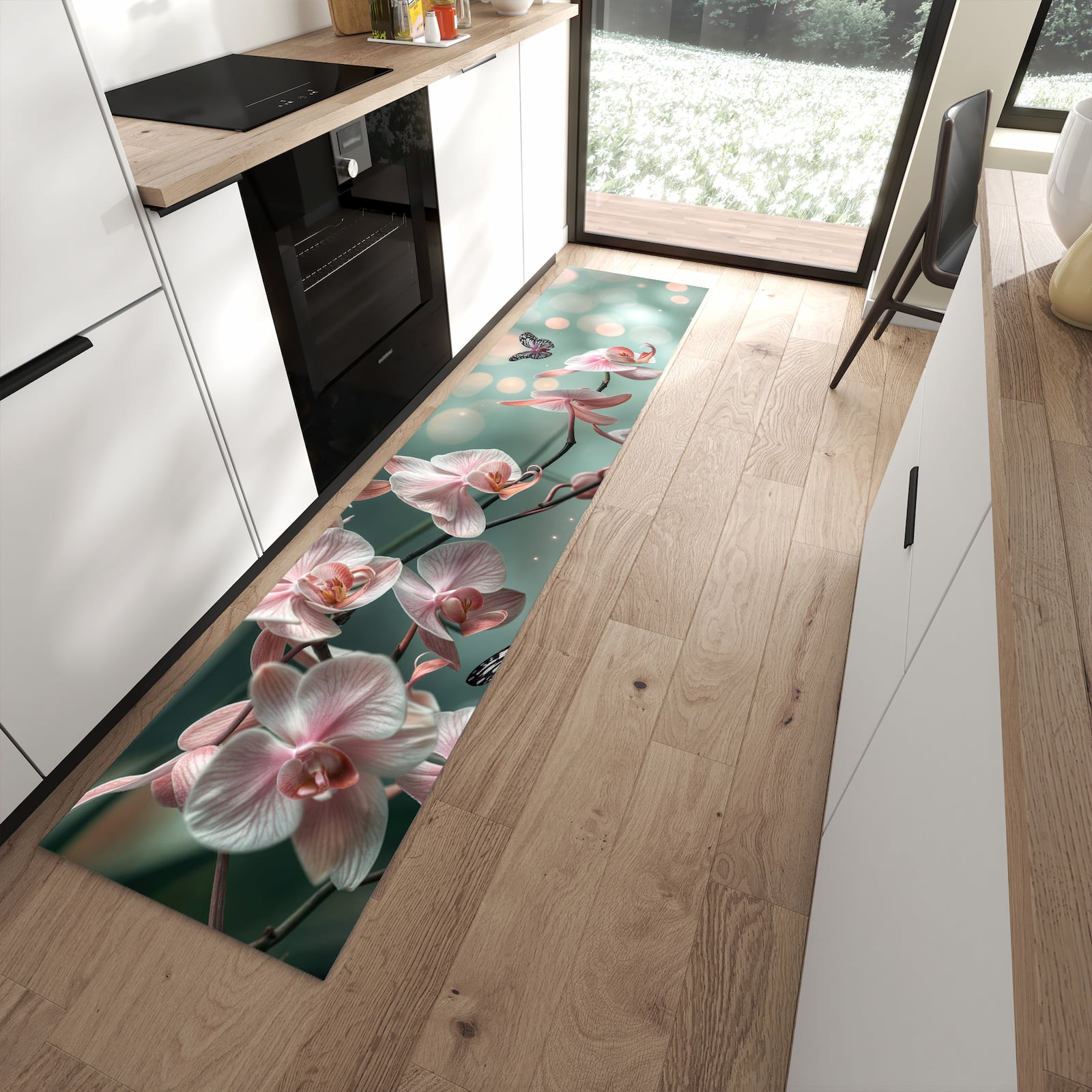 Rutschfester Küchenläufer mit Motiv Orchideen Schmetterling schützt Böden in moderner Küche