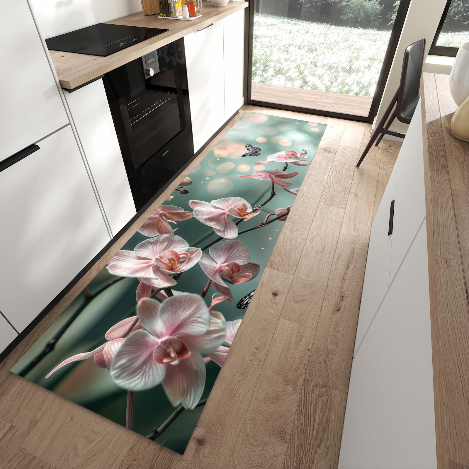 Sicherer Küchenläufer mit Motiv Orchideen Schmetterling in moderner Küche