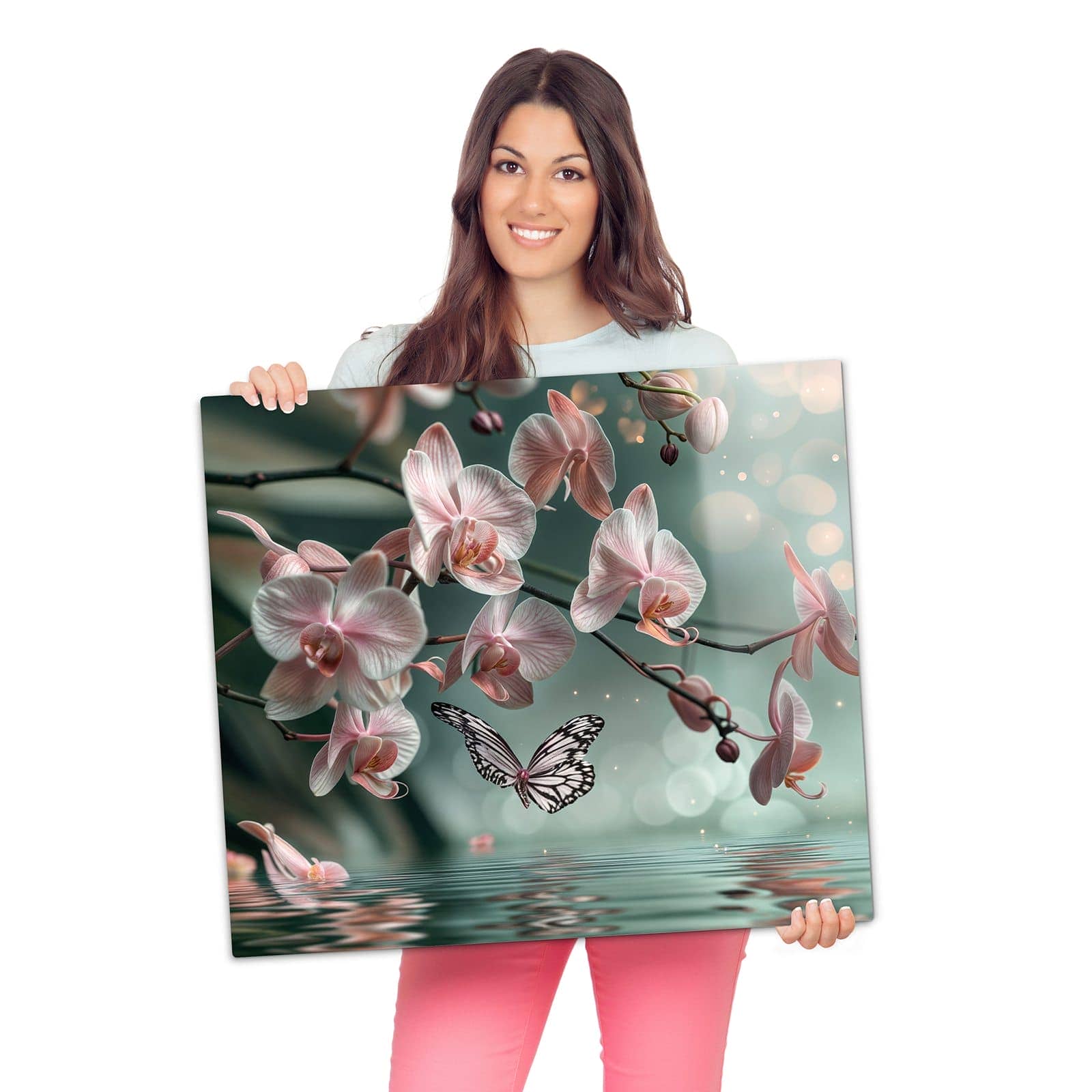 Herdabdeckplatte mit Orchideen Schmetterling-Motiv wird zur Größendarstellung gehalten