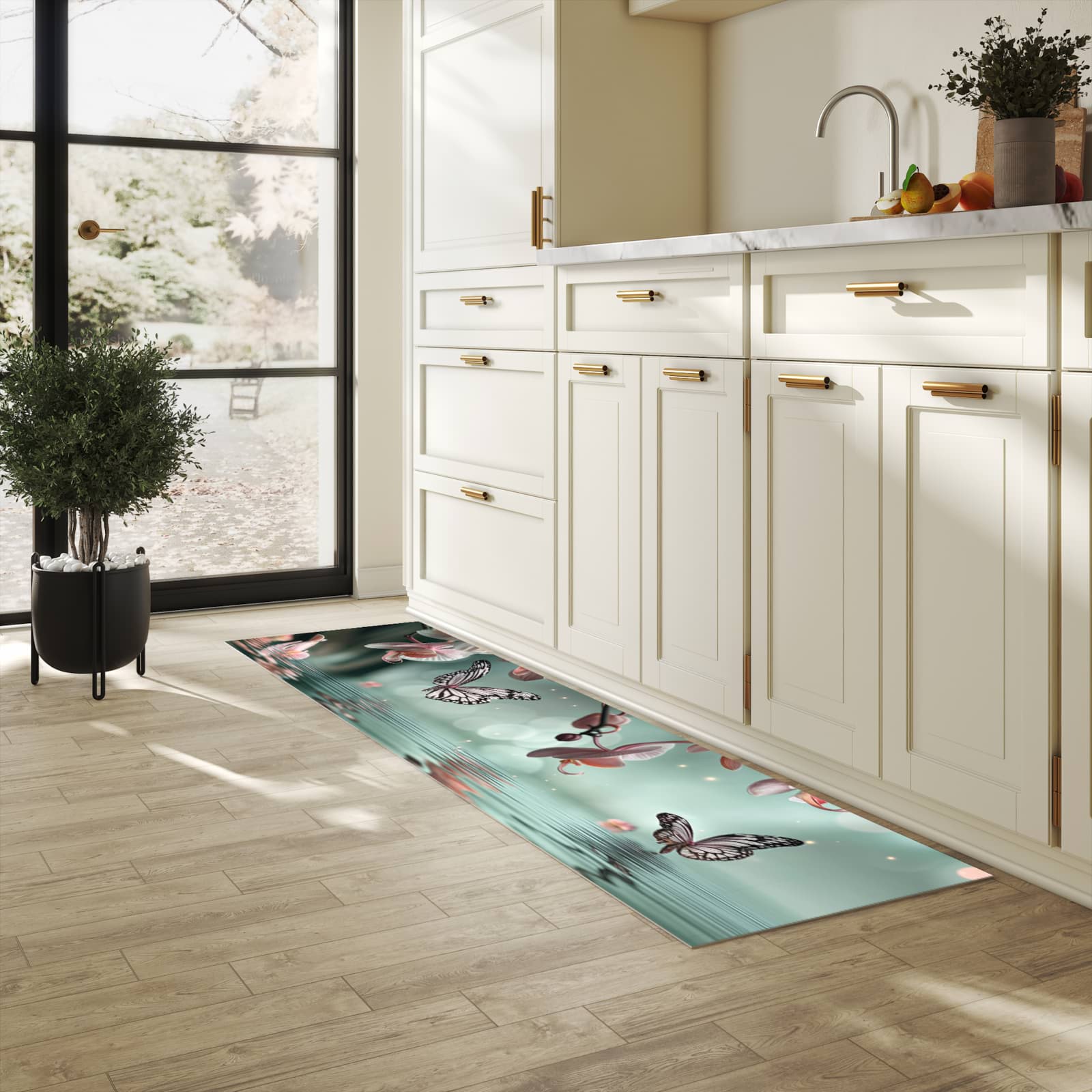 Pflegeleichter Küchenläufer mit Motiv Orchideen Schmetterling in heller Küche