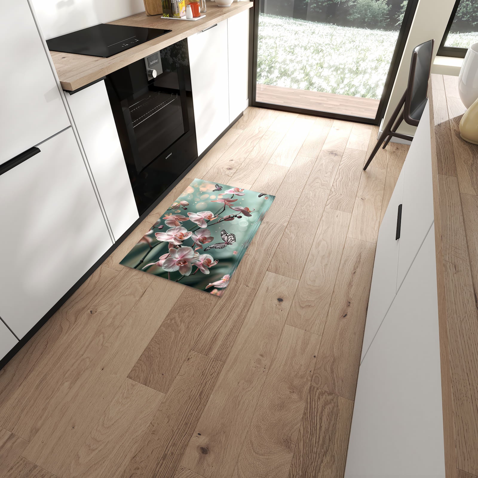 Bodenschonender rutschfester Küchenläufer mit Motiv Orchideen Schmetterling in moderner Küche