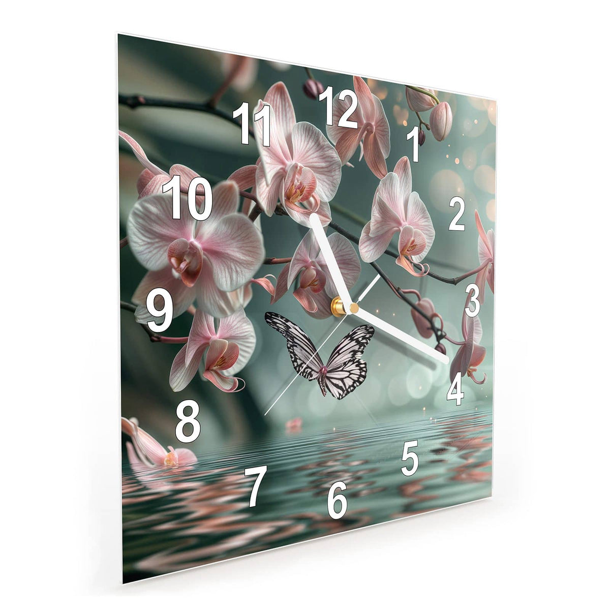 Quadratische Wanduhr aus Glas Orchidee am Wasser schräg von der Seite, 4 mm starkes Glas