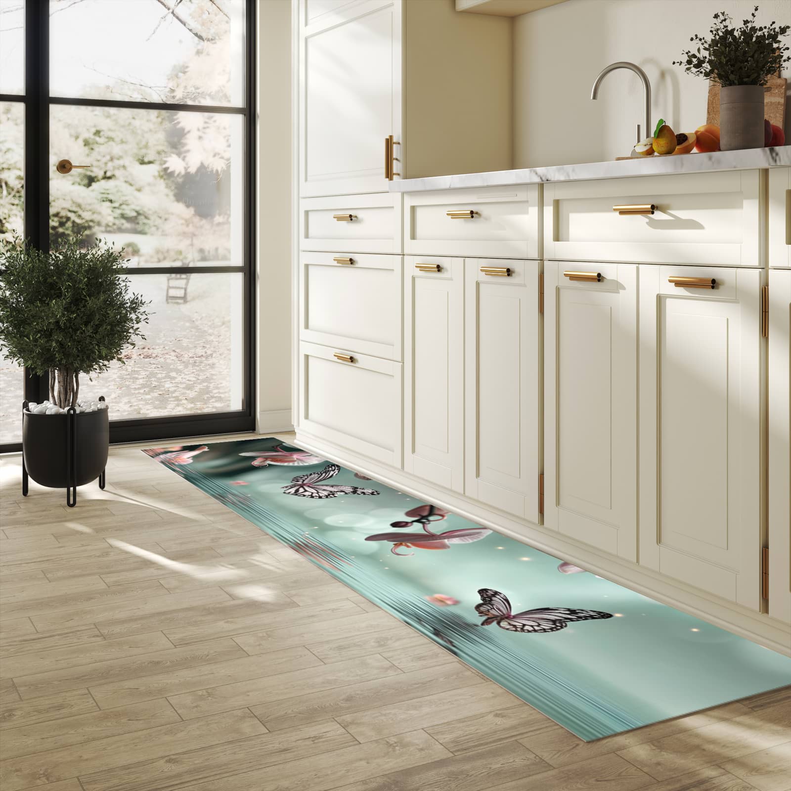 Rutschfester Küchenläufer mit Motiv Orchideen Schmetterling in heller Küche