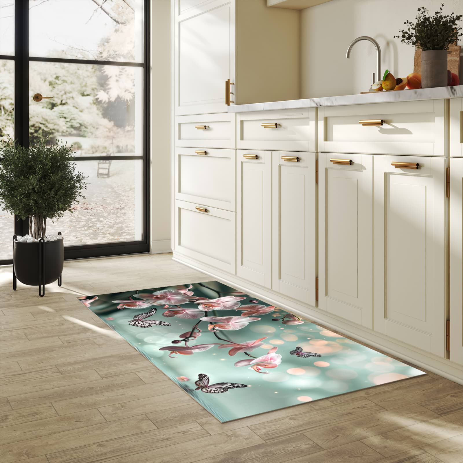 Langlebiger Küchenteppich mit Motiv Orchideen Schmetterling in heller Küche