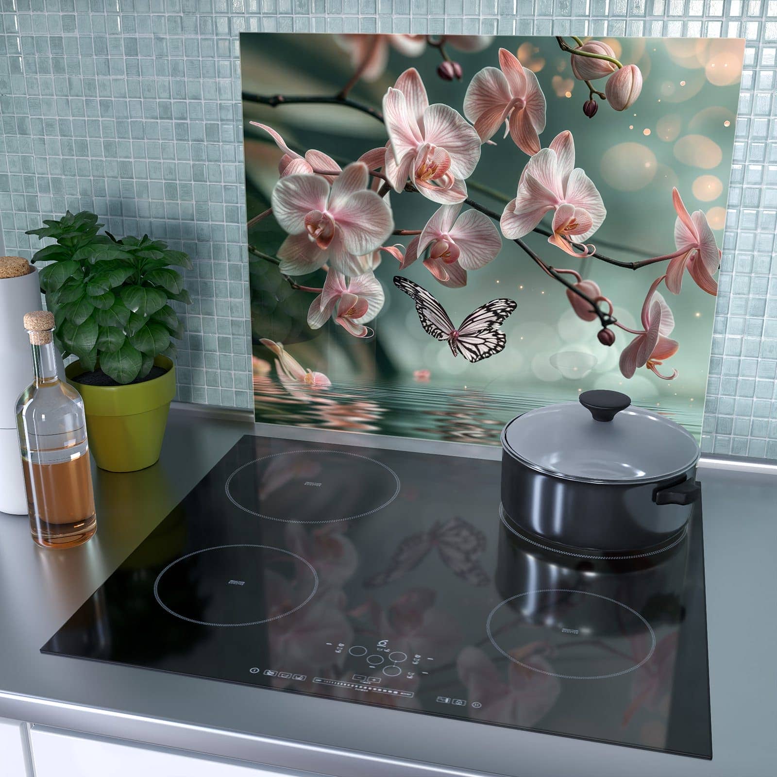 1-teilige Herdabdeckplatten aus Glas mit Orchideen Schmetterling-Motiv als Spritzschutz hinter dem Kochfeld