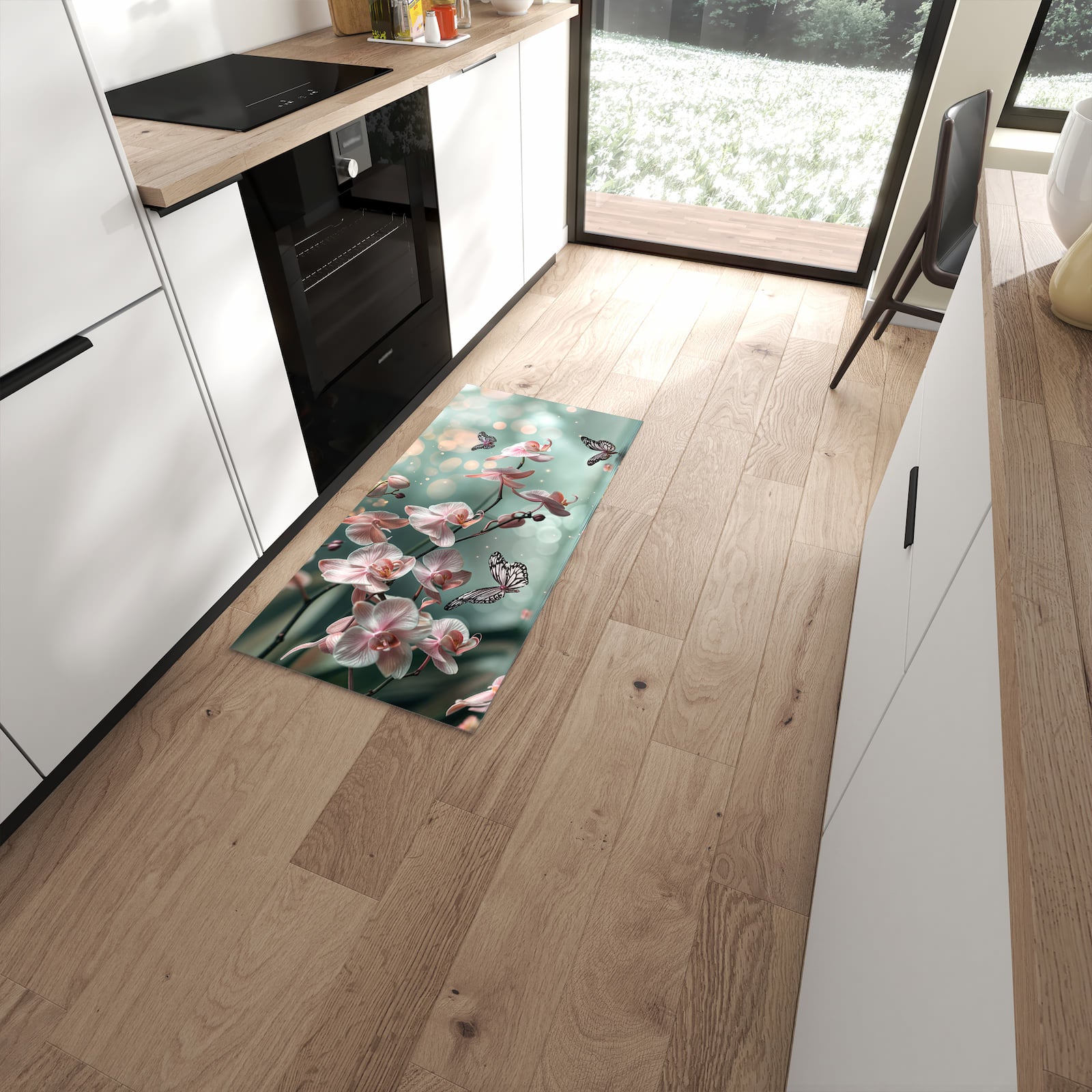Waschbarer Küchenteppich mit Motiv Orchideen Schmetterling in moderner Küche #grösse_60 x 120 cm