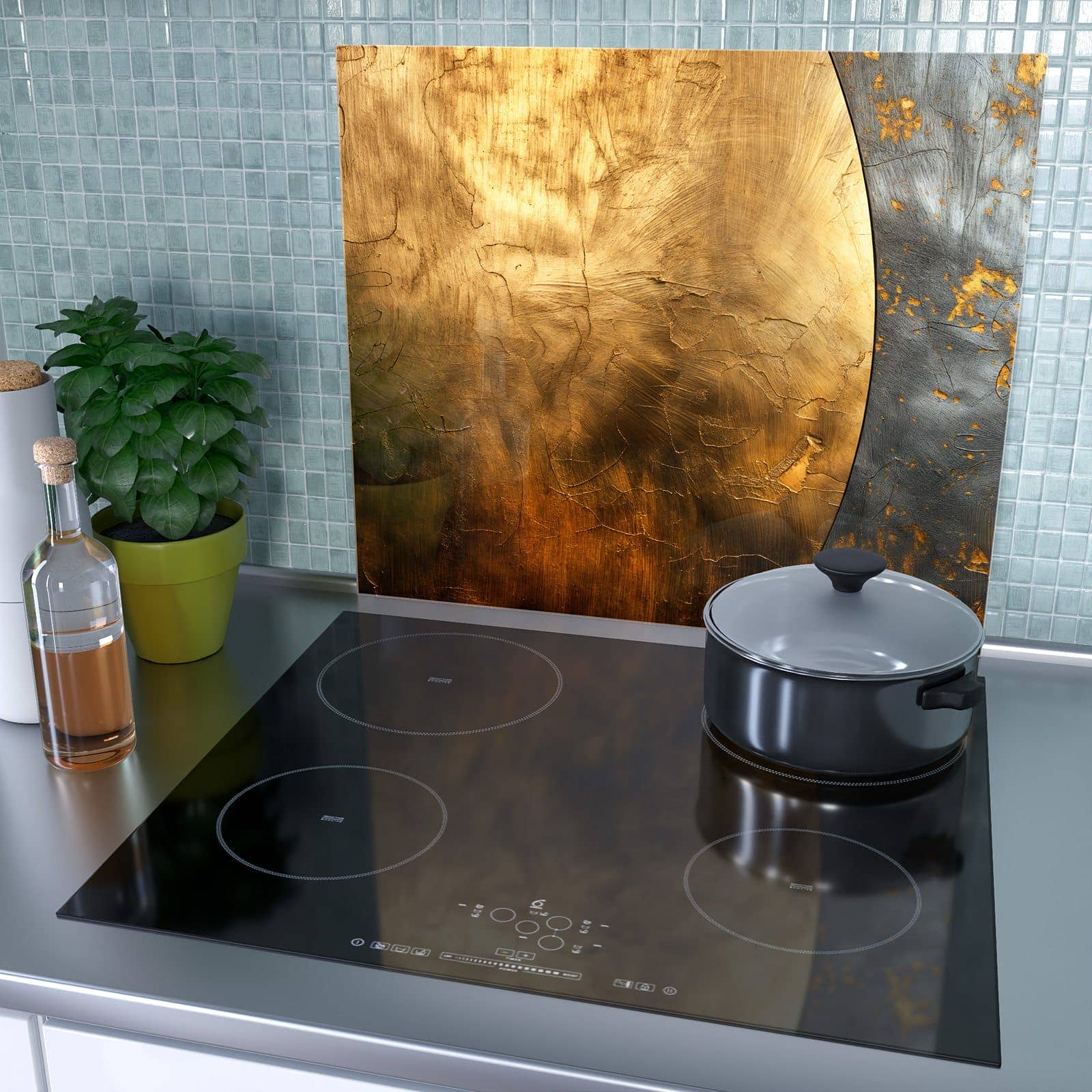 1-teilige Herdabdeckplatte mit Metallische Textur-Motiv als Spritzschutz hinter dem Kochfeld