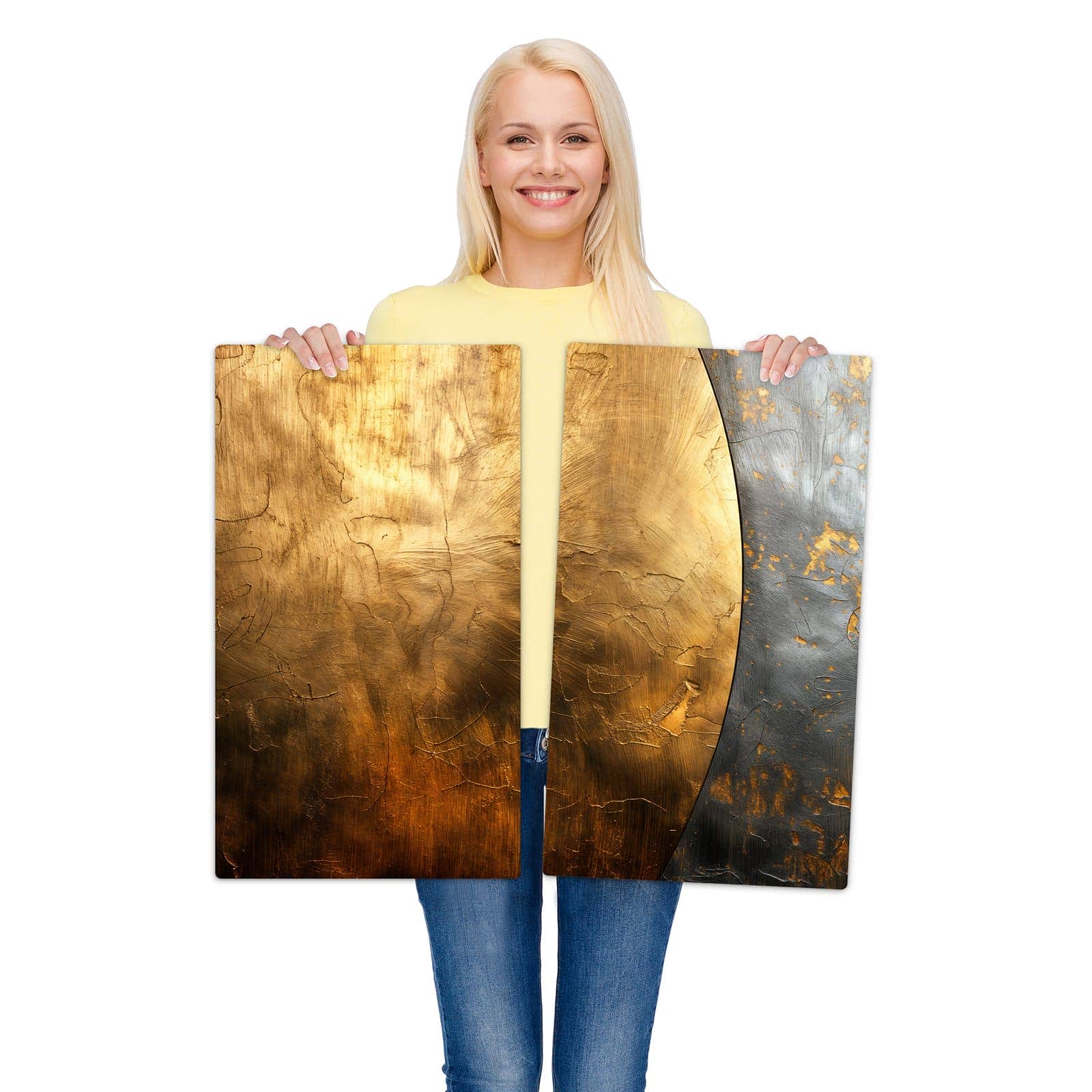 2-teilige Ceranfeld Abdeckplatten mit Metallische Textur-Motiv werden zur Größendarstellung gehalten