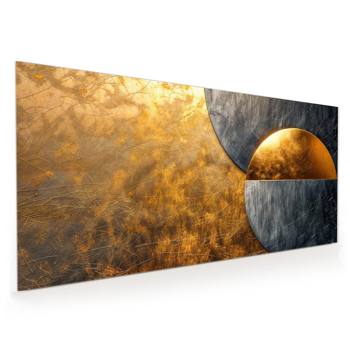 Küchenrückwand aus Glas im Hochformat: Großer goldener Halbkreis und graue Metallkreise, überlappend
