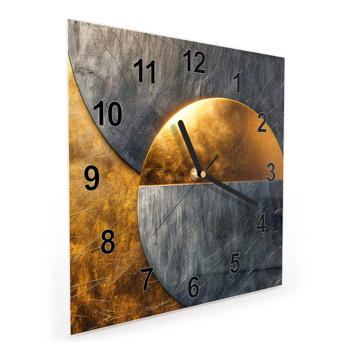 Quadratische Wanduhr aus Glas Kreise in Gold und Grau schräg von der Seite, 4 mm starkes Glas
