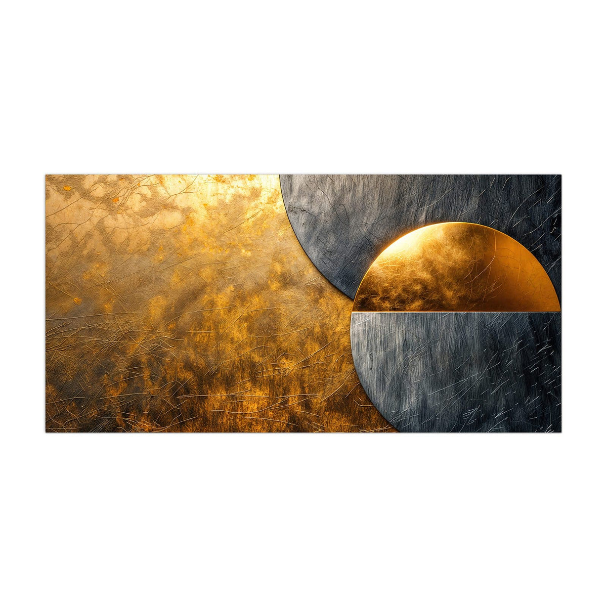 Küchenrückwand aus Glas Kreise in Gold und Grau im Hochformat, Motiv bildfüllend von vorn