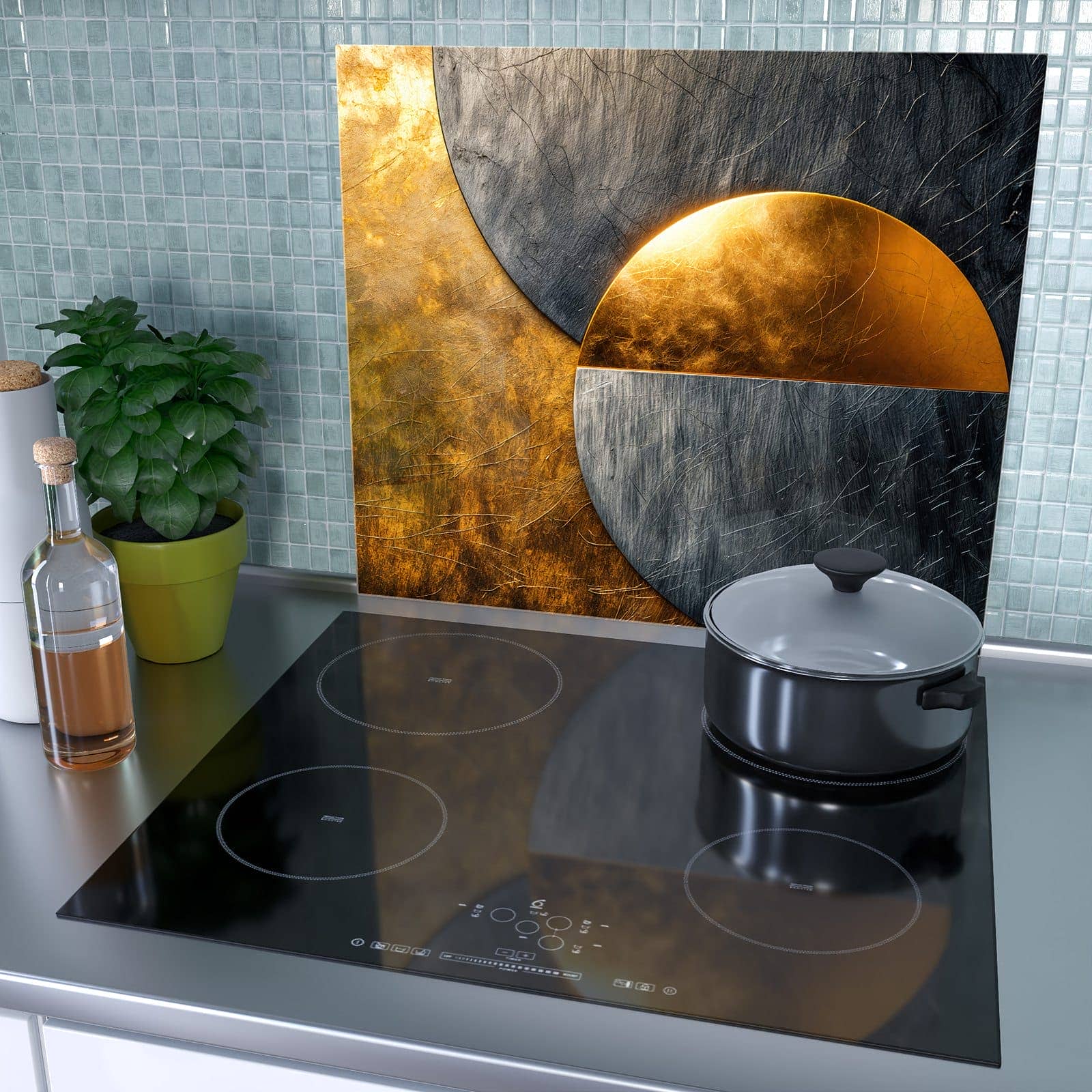 1-teilige Ceranfeldabdeckung mit Metallkreise Gold Silber-Motiv als Spritzschutz hinter dem Kochfeld