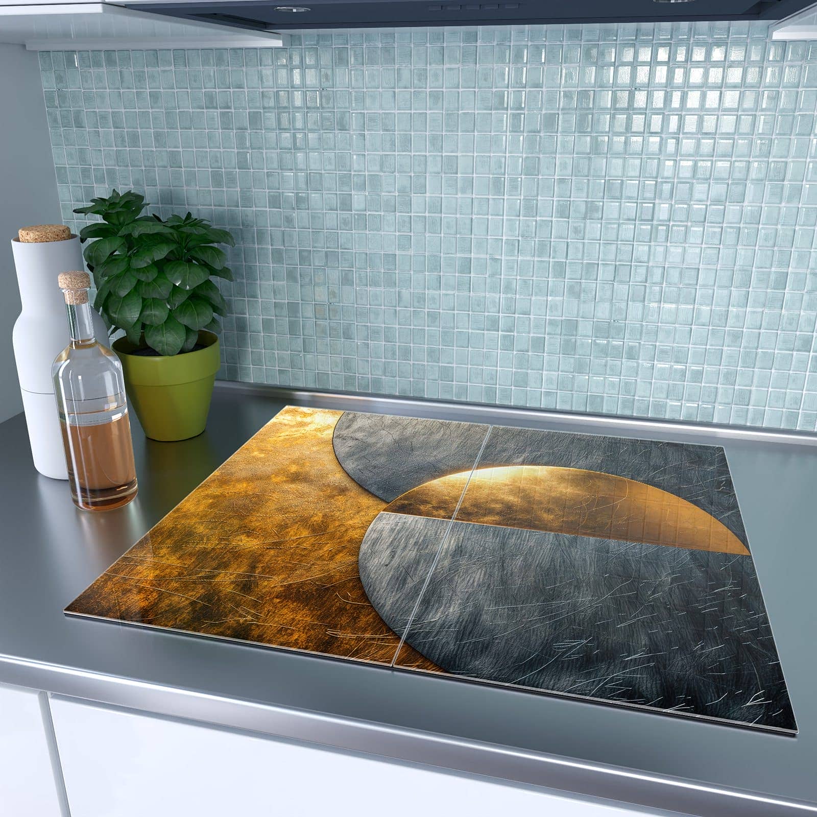 2-teilige Glasplatte für Herd mit Metallkreise Gold Silber-Motiv auf dem Ceranfeld