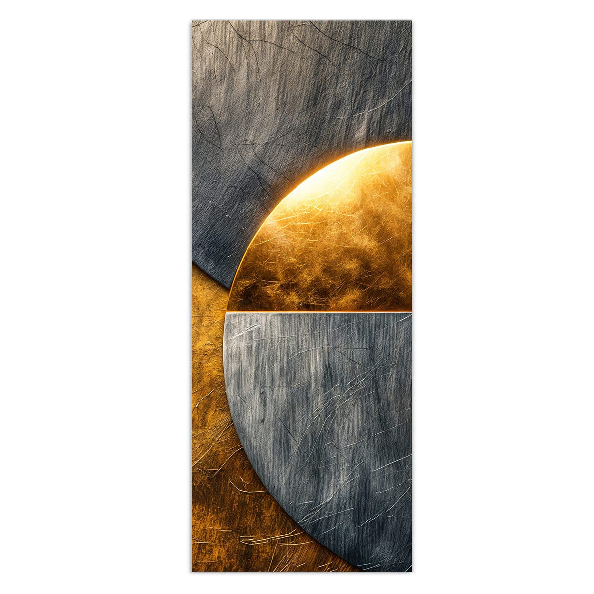 Wandbild - Kreise in Gold und Grau - Hochformat – Goldener Halbkreis über grauen Kreisen