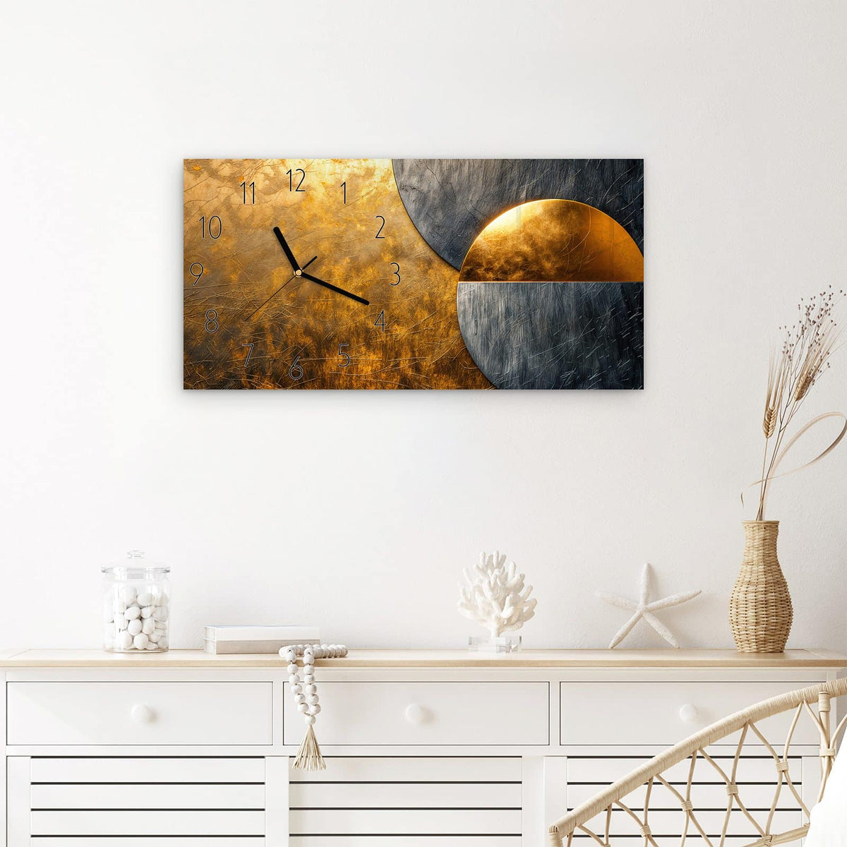Wanduhr Metallkreise Gold Silber aus Glas – Querformat 60 × 30 cm – Goldener und silberner Kreis