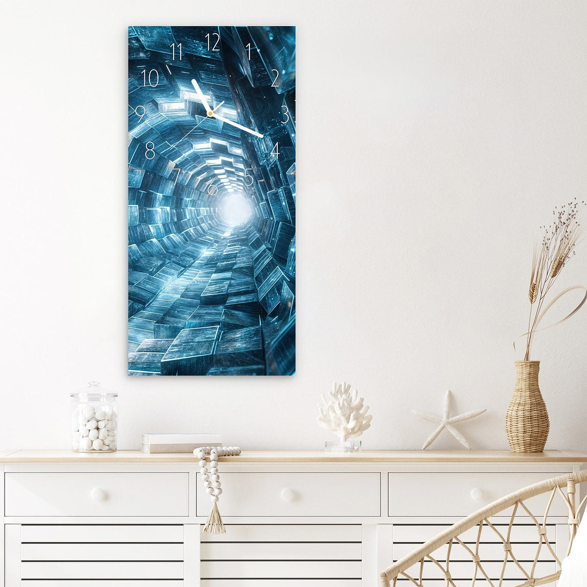Wanduhr Futuristischer Tunnel aus Glas – Hochformat 30 × 60 cm – Schimmernder Tunnel in Blau und Silber
