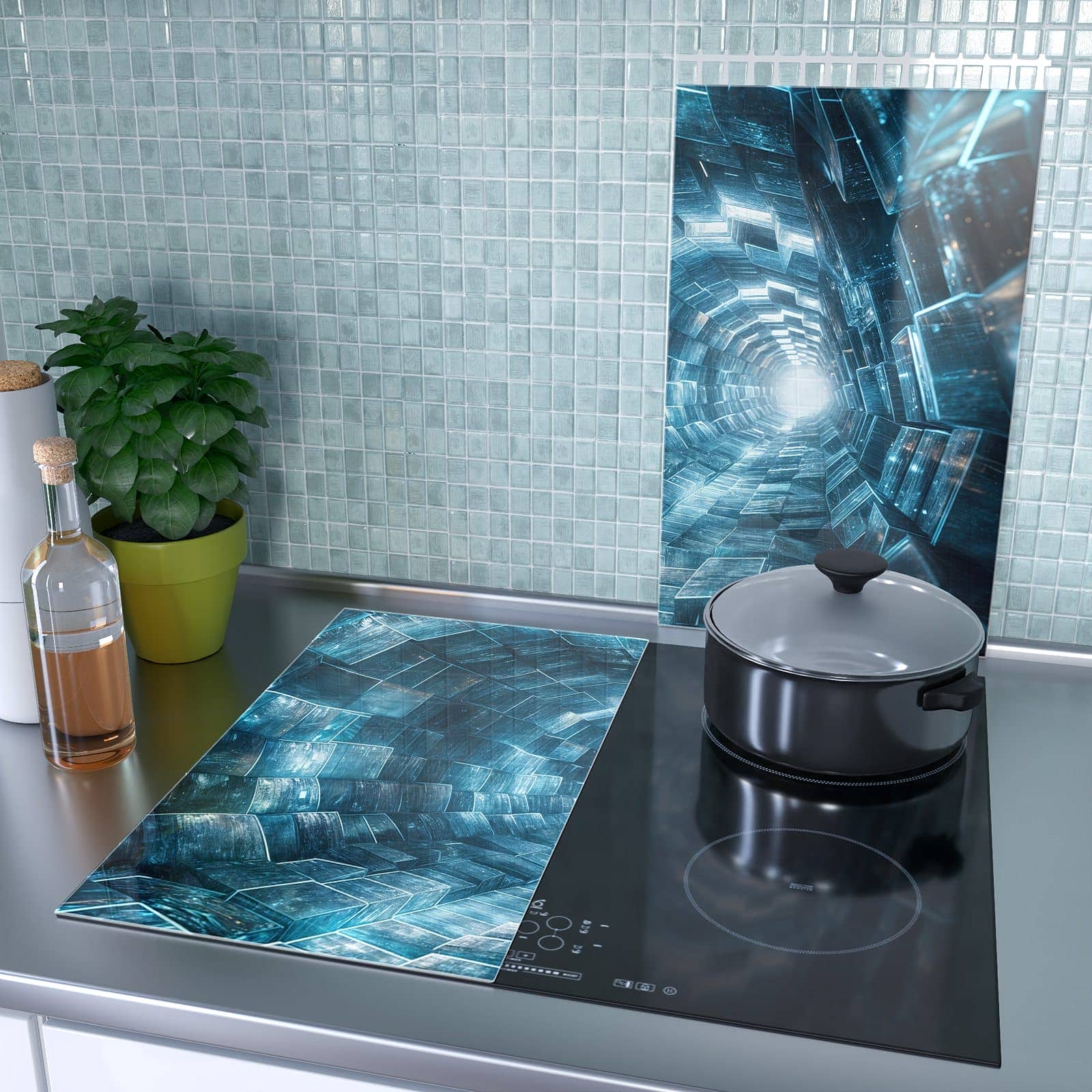 2-teilige Herdabdeckplatte aus Glas mit Futuristischer Tunnel-Motiv als Spritzschutz hinter dem Kochfeld
