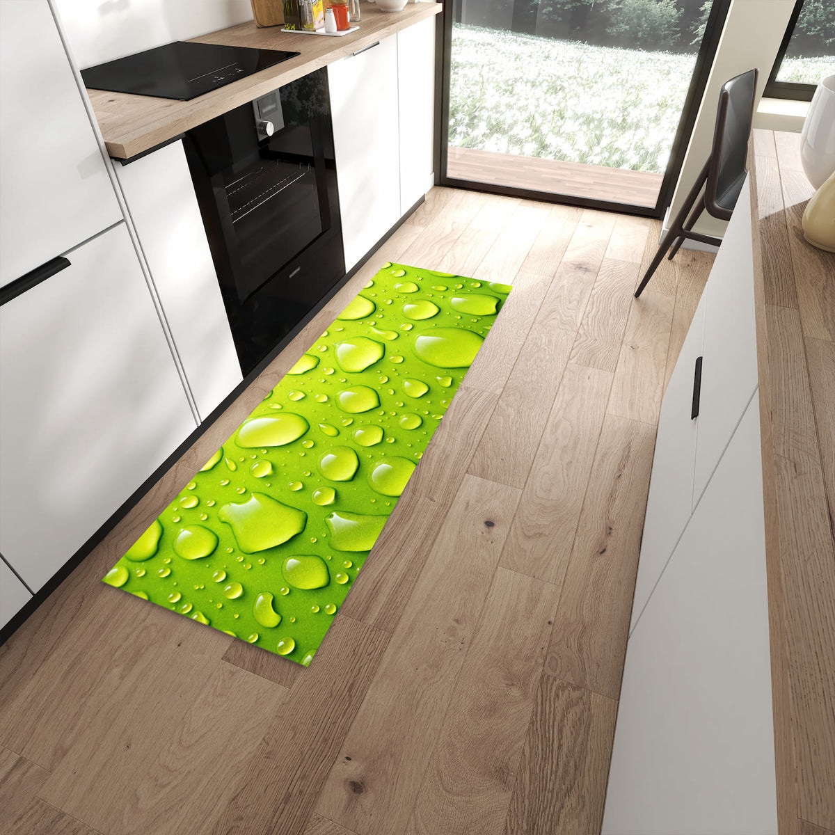 Pflegeleichter Küchenteppich mit Motiv Sanfte Wassertropfen in moderner Küche