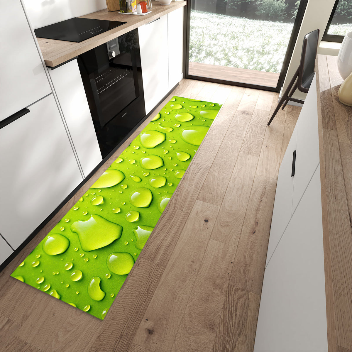 Komfortabler waschbarer Küchenteppich mit Motiv Sanfte Wassertropfen in moderner Küche