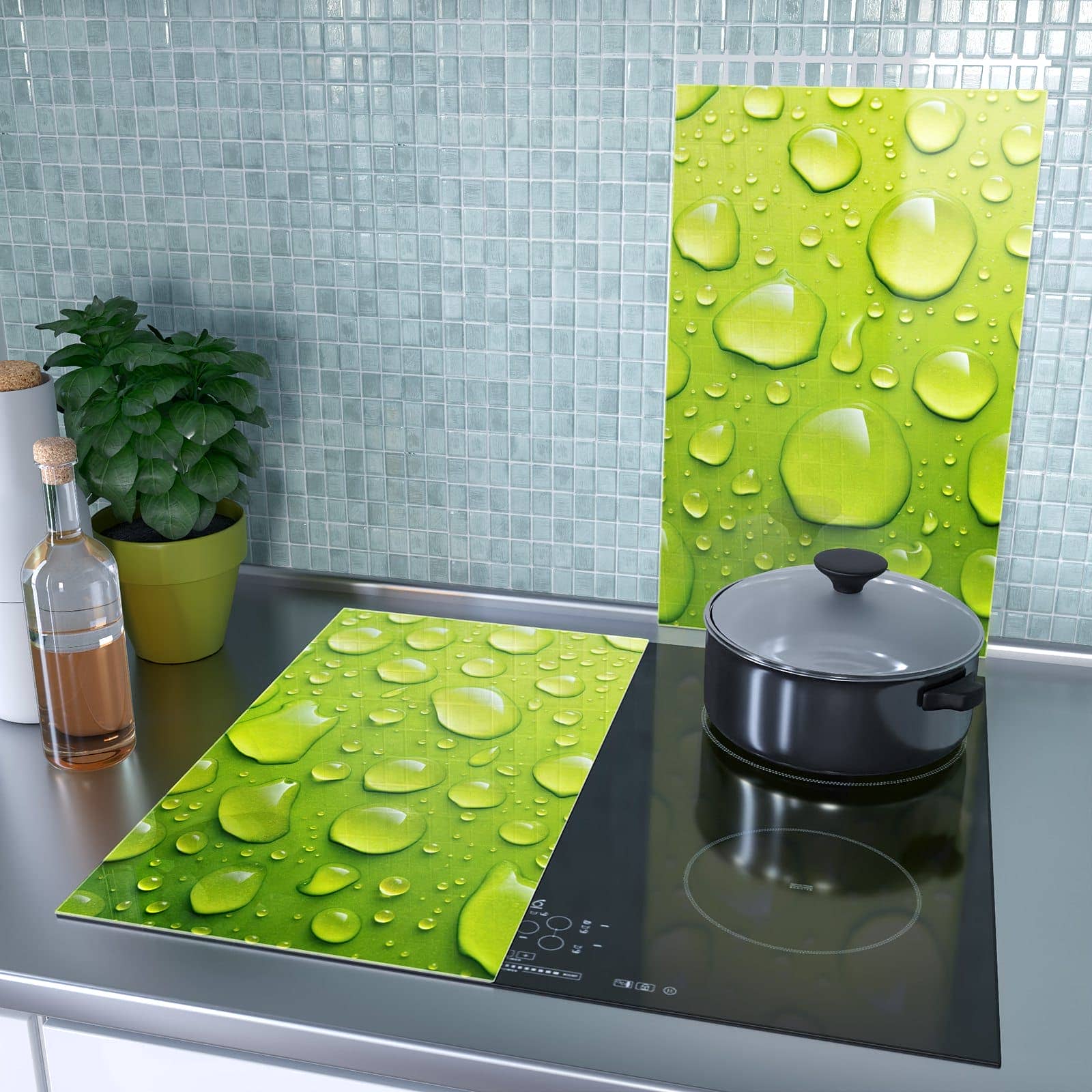 2-teilige Glasabdeckplatte für Ceranfeld mit Sanfte Wassertropfen-Motiv als Spritzschutz hinter dem Kochfeld