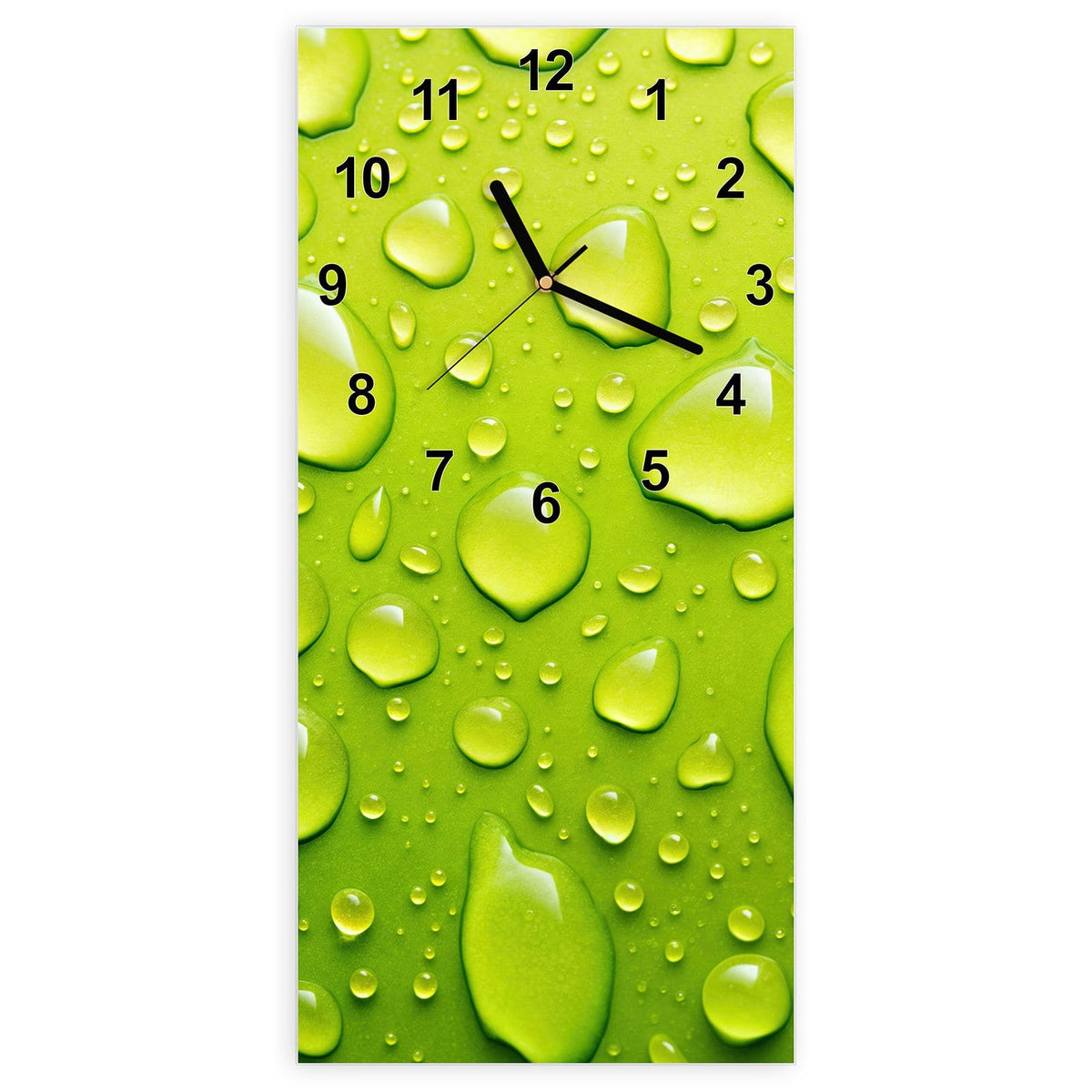 Wanduhr aus Glas, Ziffernblatt Modern mit Motiv Tropfen auf Grün: Große und kleine Wassertropfen auf einer leuchtend hellgrünen Fläche