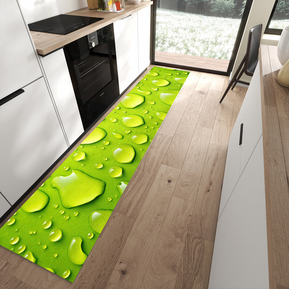 Rutschfester Küchenteppich mit Motiv Sanfte Wassertropfen in moderner Küche - leicht zu reinigen