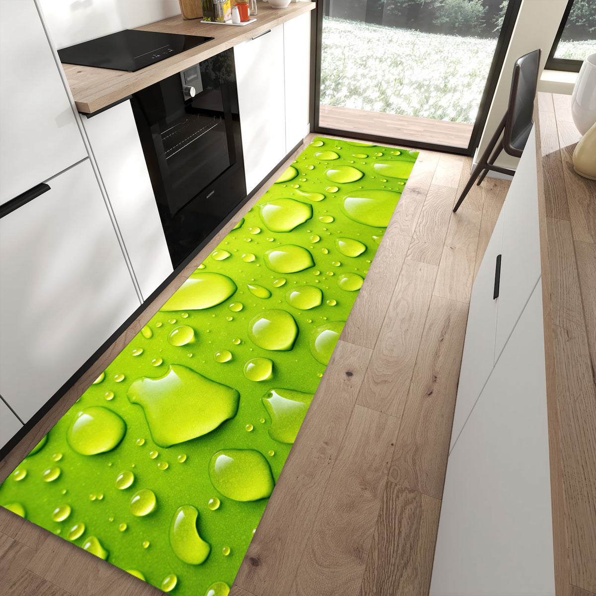 Langlebiger rutschfester Küchenteppich mit Motiv Sanfte Wassertropfen in moderner Küche