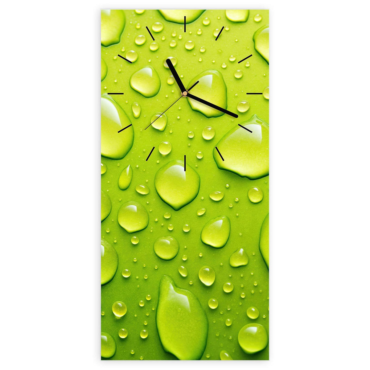 Wanduhr aus Glas, Ziffernblatt Linie mit Motiv Tropfen auf Grün: Große und kleine Wassertropfen auf einer leuchtend hellgrünen Fläche