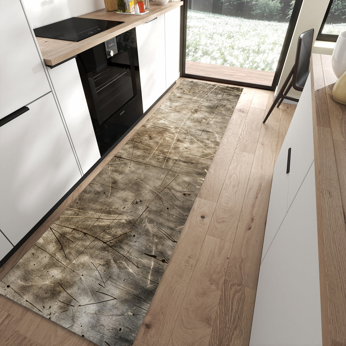 Fleckenresistenter waschbarer Teppich mit Motiv Abstrakte Kratzstruktur in moderner Küche