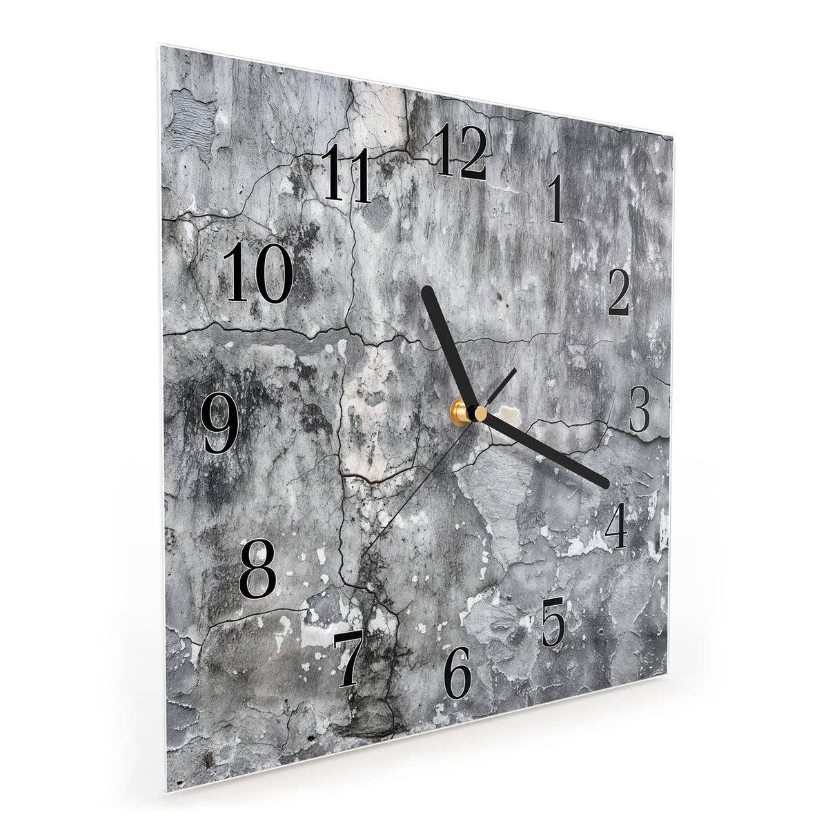 Quadratische Wanduhr aus Glas Grauer Putz mit Rissen schräg von der Seite, 4 mm starkes Glas