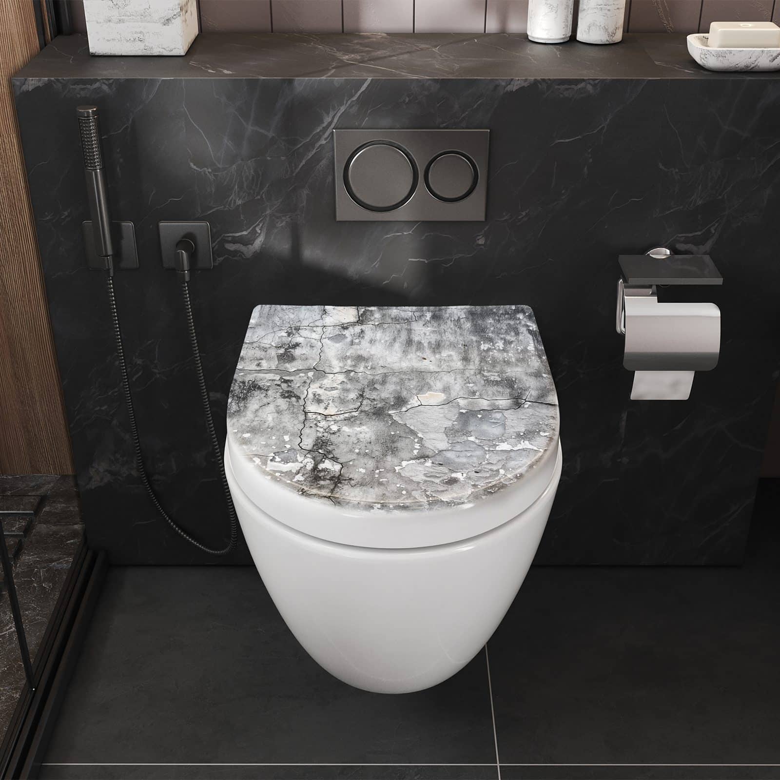 WC-Sitz mit Absenkautomatik Gealterte Wandoberfläche