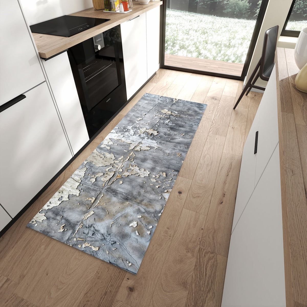 Wasserabweisender Küchenläufer mit Motiv Abblätternde Wand in moderner Küche