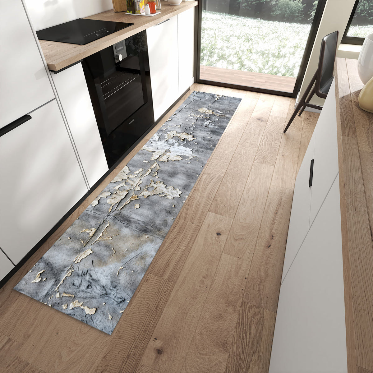Abriebfester rutschfester Küchenläufer mit Motiv Abblätternde Wand in moderner Küche
